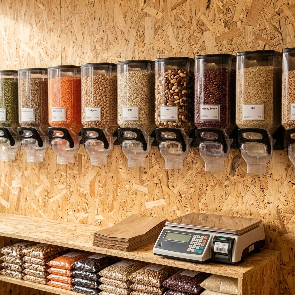 Pulses, grains, nuts, dried fruit ready packaged for you, or weigh into your own container to reduce packaging.